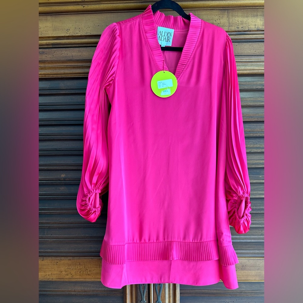 Alden Adair Neon Pink Satin Liza Dress Long Sleeve Shift Mini Dress Size MED NEW - Picture 3 of 3